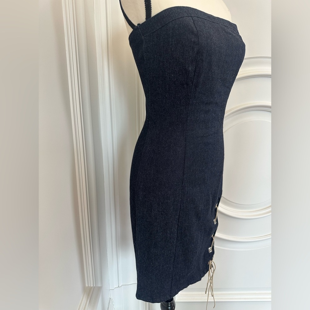 Y2K Strapless Cotton Denim Dress with Lace Up Detail on Thigh (Size Medium) - Picture 3 of 8